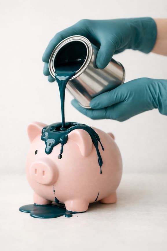 Kvinnohänder i matta turkosa handskar häller mörkturkos färg från en metallburk i en rosa keramik-spargris mot ljus nordisk bakgrund, med färg som rinner över kanten